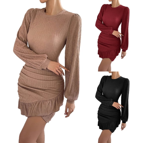 Kilaqueen Womens Elegant Mini Dresses Sexy Crew Neck Lantern Long Sleeve Ruched Bodycon Dress Slim Fitness Stretchy Cocktail Dresses Club Party Dress