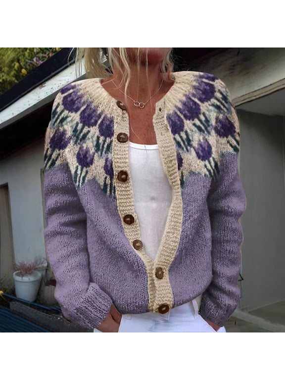 Womens Fair Isle Cardigan Sweater Vintage Ethnic Button Down Knit Sweaters Casual Long Sleeve Fall Winter Warm Boho Open Front Jacket Coat Outwear