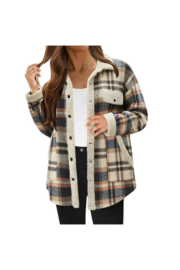Womens Fall Fashion 2025 Flannel Plaid Shackets Button Down Lapel Collared Sherpa Jacket Casual Long Sleeve Fleece Shirt with Pockets