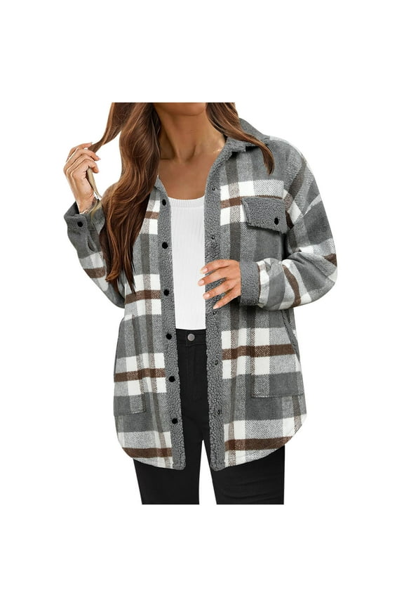 Womens Fall Fashion 2025 Flannel Plaid Shackets Button Down Lapel Collared Sherpa Jacket Casual Long Sleeve Fleece Shirt with Pockets