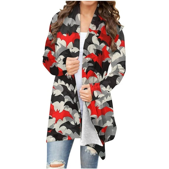 Kilaqueen Womens Fashion Halloween Long Sleeve Cardigan Fall Loose Fit Open Front Cardigan Pumpkin Print Medium Length Coat Outerwear