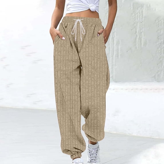 Kilaqueen Womens Fashion Ribbed Grey Sweatpants High Waisted Lounge Trousers with Pockets Drawstring Joggers Athletic Stretchy Yoga Baggy Sweatpants