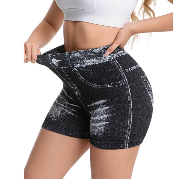 Kilaqueen Womens Faux Denim Shorts High Waisted Stretchy Butt Lifting Skinny Faux Jean Shorts Slimming Booty Jegging Shorts for Curvy Women Lightweight Gym Running Workout Pull On Sweat Shorts