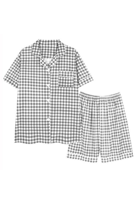 Womens Gingham Pajama Set Short Sleeve Notch Lapel Button Down Shirts and Short Pants Set Pjs Sleepwear M-XXL