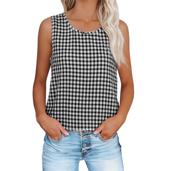 Kilaqueen Womens Gingham Tank Tops Summer Casual Dressy Cotton Crew Neck Sleeveless Vest Top Y2K Cute Shirts Trendy Plaid Boho Beach Vacation Blouses
