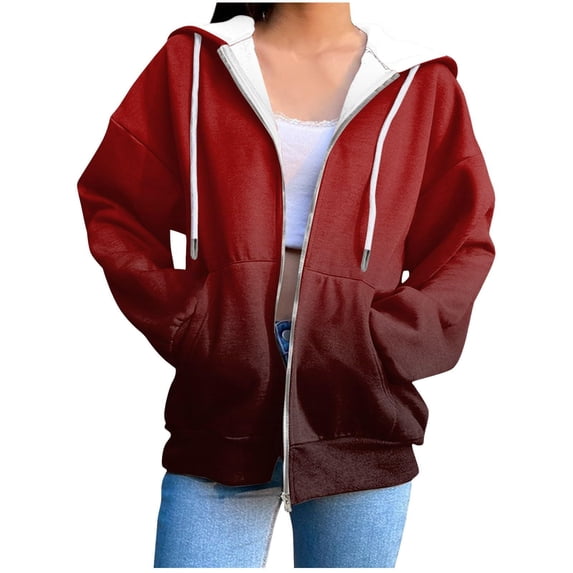 Kilaqueen Womens Gradient Printed Hooded Sweatshirts Fall Winter Fashion Zip-Up Long Sleeve Jacket with Pockets Oversized Running Workout Pullover