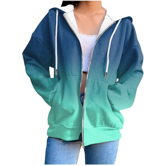 Kilaqueen Womens Gradient Printed Hooded Sweatshirts Fall Winter Fashion Zip-Up Long Sleeve Jacket with Pockets Oversized Running Workout Pullover