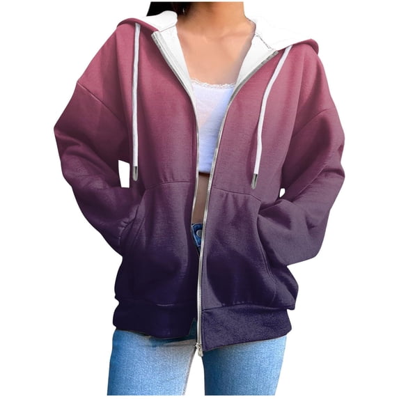 Kilaqueen Womens Gradient Printed Hooded Sweatshirts Fall Winter Fashion Zip-Up Long Sleeve Jacket with Pockets Oversized Running Workout Pullover