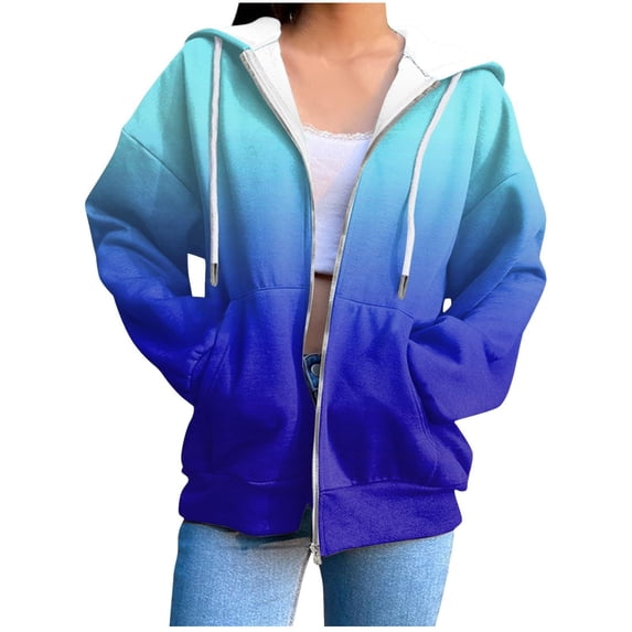Kilaqueen Womens Gradient Printed Hooded Sweatshirts Fall Winter Fashion Zip-Up Long Sleeve Jacket with Pockets Oversized Running Workout Pullover