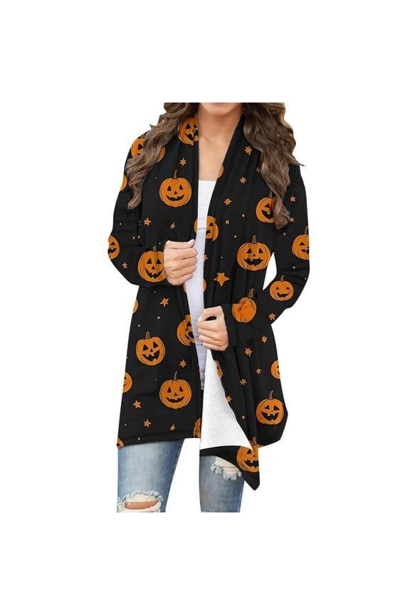 Womens Halloween Open Front Cardigan Casual Oversized Funny Pumkin Print Lightweight Thin Coats Cute Spooky Pattern Cardigans Dusters