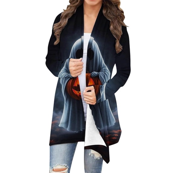 Kilaqueen Womens Halloween Open Front Cardigan Casual Oversized Funny Pumkin Print Lightweight Thin Coats Cute Spooky Pattern Cardigans Dusters