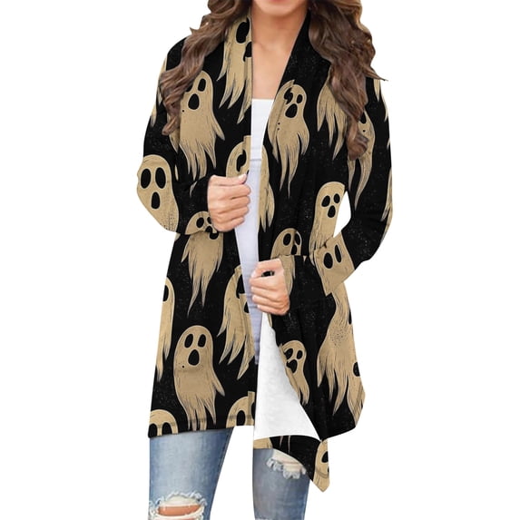 Kilaqueen Womens Halloween Open Front Cardigan Casual Oversized Funny Pumkin Print Lightweight Thin Coats Cute Spooky Pattern Cardigans Dusters
