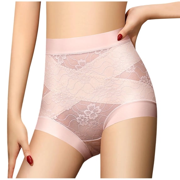 Kilaqueen Womens High Waisted Lace Panties, Floral Sheer Full Coverage Brief Underwear with Wide Smooth Waistband for Loungewear and Date Night
