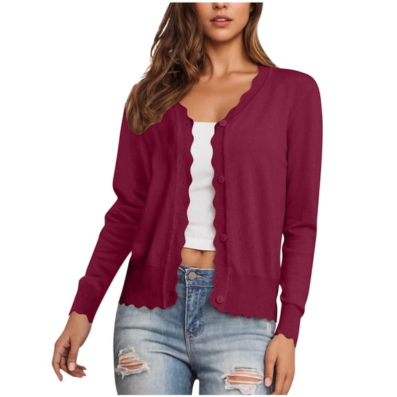 Kilaqueen Womens Knit Thin Cropped Cardigans Casual Lightweight Long Sleeve Button Down V Neck Blouses Tops Ribbed Wave Edges Shrugs Sweater