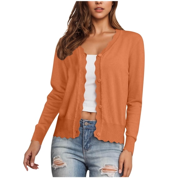 Kilaqueen Womens Knit Thin Cropped Cardigans Casual Lightweight Long Sleeve Button Down V Neck Blouses Tops Ribbed Wave Edges Shrugs Sweater