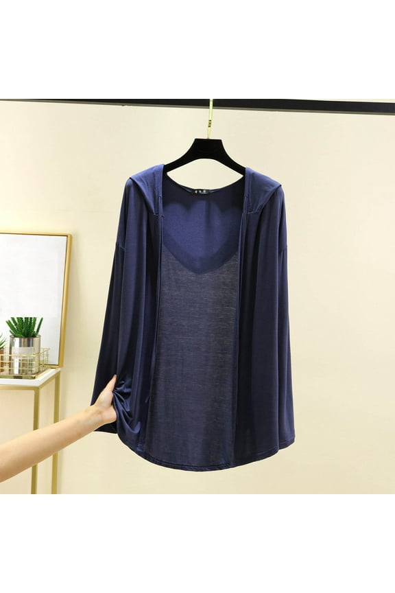 Womens Lightweight Casual Hooded Cardigans Solid Color Open Front Cover Ups Dusters Long Sleeve Outwear Coat Sun Protection Coverups