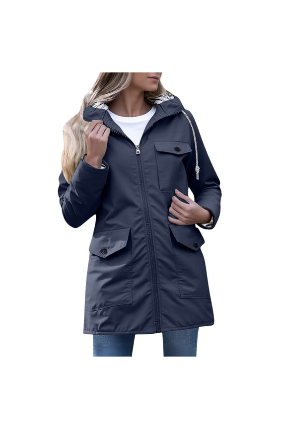Womens Lightweight Rain Jacket Zipper Striped Lined Hooded Raincoat Outdoor Waterproof Windbreaker Travel Jackets with Pockets