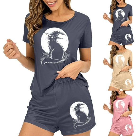 Kilaqueen Womens Lightweight Summer Pajamas Casual Graphic Short Sleeve Tops and Short Sets Halloween Pajamas Loose Comfy 2 piece Loungewear Sleepwear Set