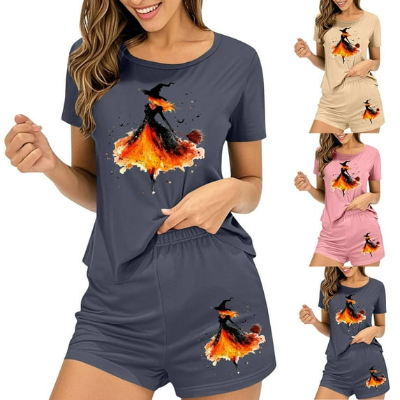 Kilaqueen Womens Lightweight Summer Pajamas Casual Graphic Short Sleeve Tops and Short Sets Halloween Pajamas Loose Comfy 2 piece Loungewear Sleepwear Set