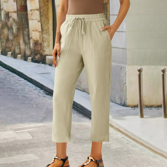 Kilaqueen Womens Linen Pants with Pockets Elastic High Waist Comfy Straight Leg Cropped Pants Casua Lightweight Loose Ankle Length Work Trousers Beach Vacation Lounge Capris
