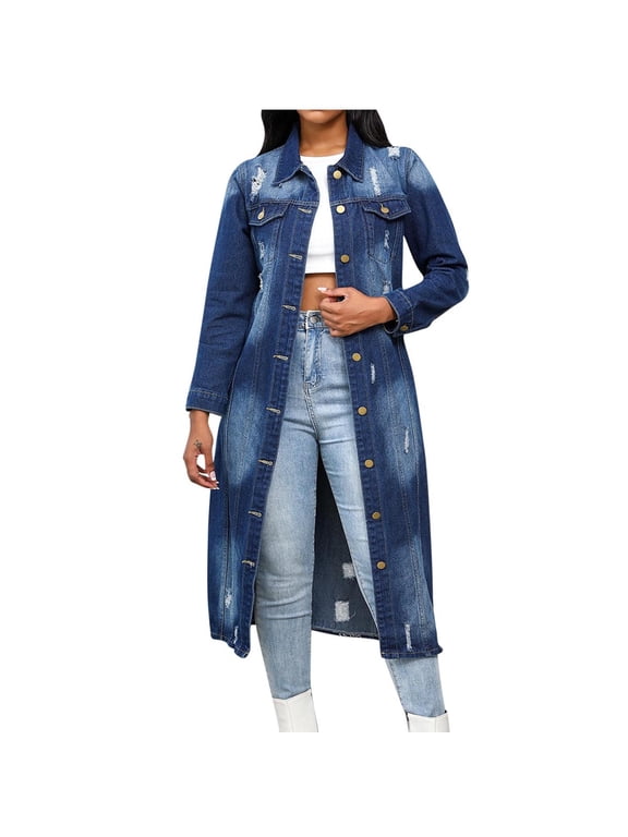 Womens Long Denim Jacket Single Breasted Lapel Long Sleeve Over Knee Denim Jacket Comfy Vintage Trendy Classic Outwear
