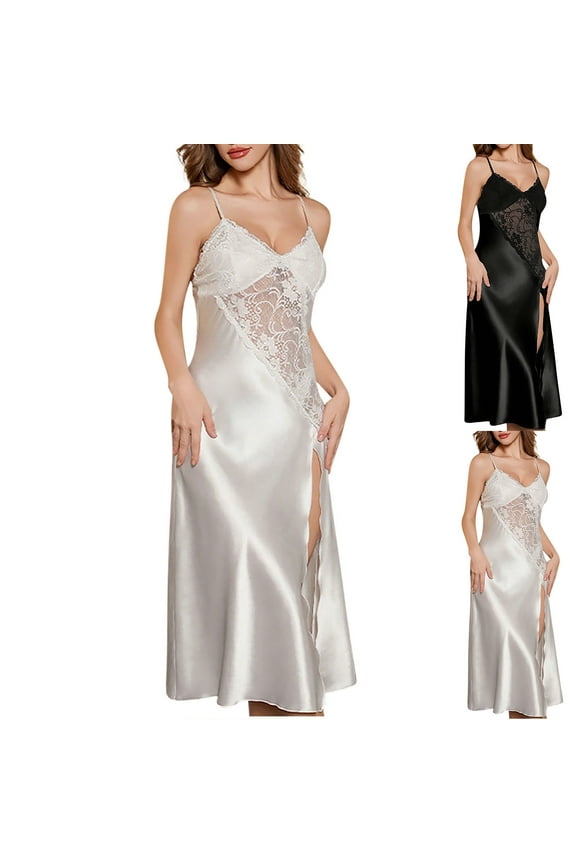 Womens Long Satin Full Slip Dress Adjustable Spaghetti Strap Chemise Sexy Lace Nightgown Sleeveless Babydoll Nightie Sleep Dress