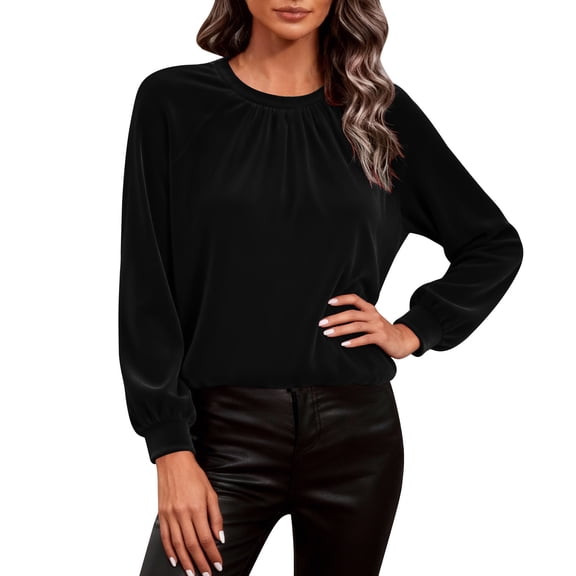 Kilaqueen Womens Long Sleeve Tops Velvet Crew Neck Puff Sleeve Elegant Tunic Tops Solid Color 2025 Fashion Casual Evening Outfits