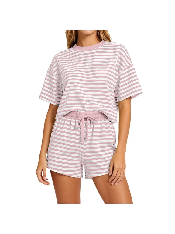 Womens Lounge 2 Piece Sets Summer Striped Matching Pajamas Set Short Sleeve Oversized T Shirts and Drawstring Shorts Outfit Pj Sets