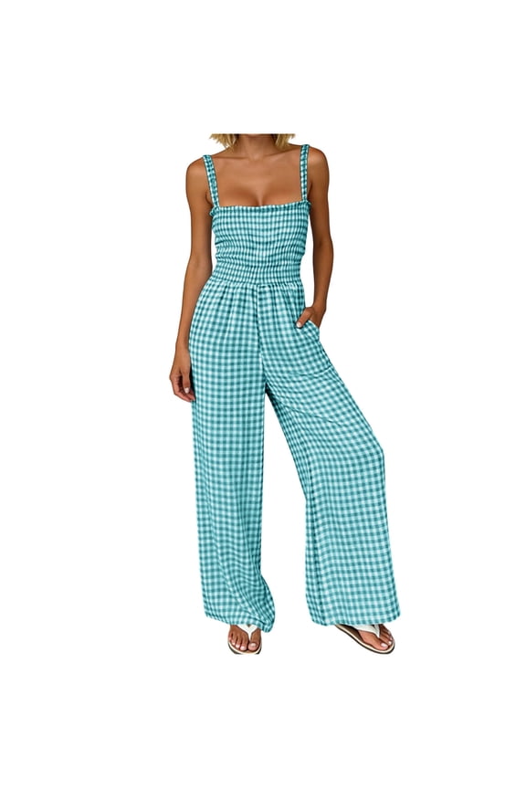 Womens One Piece Jumpsuits for Summer Casual Plaid Gingham Wide Leg Jumpsuits Spaghetti Straps Long Smocked Overalls Rompers with Pockets
