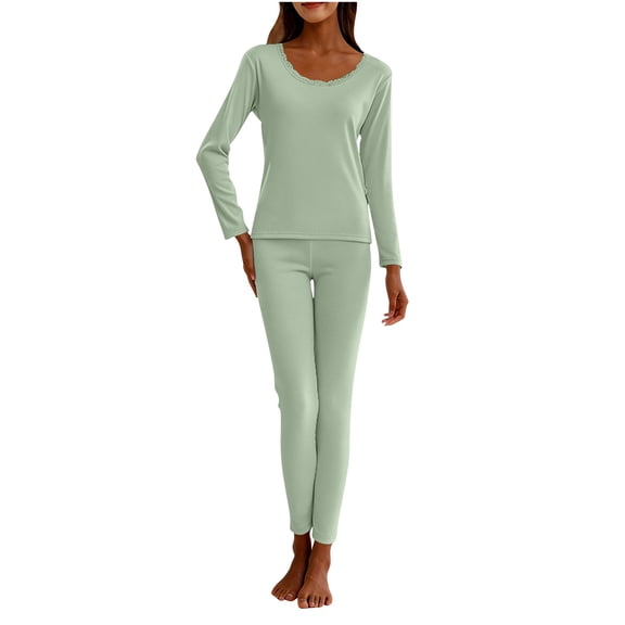 Kilaqueen Womens Pajama Sets Solid Color Long Sleeve Crew Neck Tops and Long Pants with Built in Bra Pads Lightweight Unltra Soft Base Layer Pj Sets