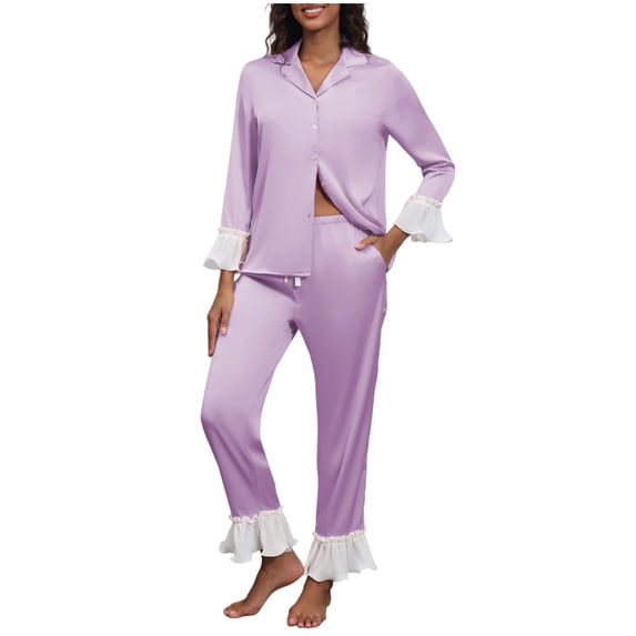 Kilaqueen Womens Pajamas Set Long Sleeve Button Down Lapel Shirt and Long Pant with Ruffle Hem Casual Soft Comfy Trendy 2 Piece Sets