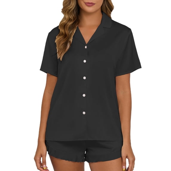 Kilaqueen Womens Pajamas Set Short Sleeve Notch Lapel Button Down and Drawstring Elastic Waist Shorts Solid Color Soft Comfy Lightweight 2 Piece Pajamas Sets