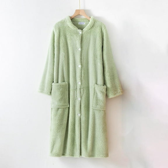 Kilaqueen Womens Plush Nightgowns Soft Comfy Button Down Long Robe Winter Thick Warm Flannel Bathrobe Casual Loungewear with Pockets