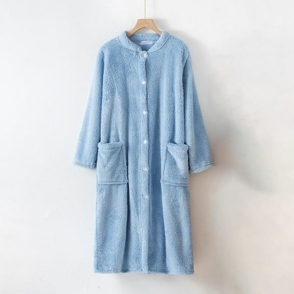 Kilaqueen Womens Plush Nightgowns Soft Comfy Button Down Long Robe Winter Thick Warm Flannel Bathrobe Casual Loungewear with Pockets