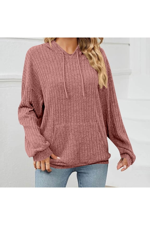 Womens Ribbed Knit Sweater Hoodie Fall Winter Lightweight Long Sleeve Drawstring Hooded Sweatshirt Textured Knit Loose Pullover Sweater with Kangaroo Pocket