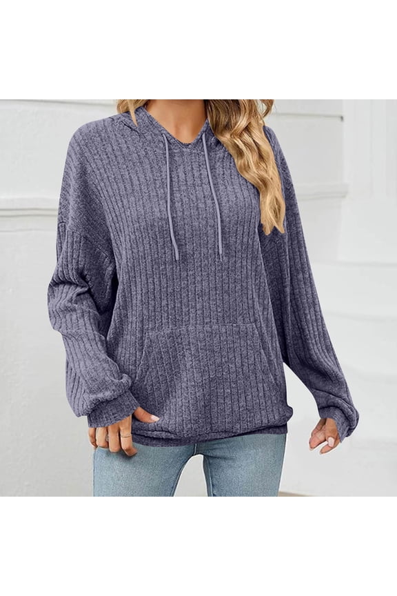 Womens Ribbed Knit Sweater Hoodie Fall Winter Lightweight Long Sleeve Drawstring Hooded Sweatshirt Textured Knit Loose Pullover Sweater with Kangaroo Pocket