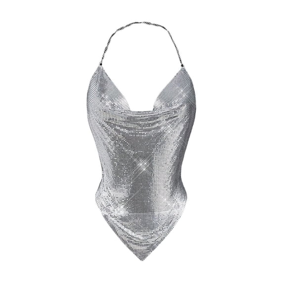 Kilaqueen Womens Sexy Metallic Sequins Sleeveless Halter Deep V Neck Backless Tank Tops Rhinestone Body Chain Party Clubwear Outfits for Night Club Stage Performance