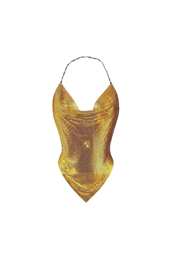 Womens Sexy Metallic Sequins Sleeveless Halter Deep V Neck Backless Tank Tops Rhinestone Body Chain Party Clubwear Outfits for Night Club Stage Performance