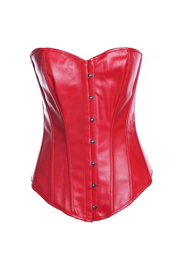 Womens Sexy Steampunk Gothic Classic Faux Leather Boned Corset Bustier Clubwear Rock Overbust Corset Top with Thongs Black/Red