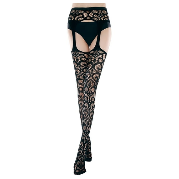 Kilaqueen Womens Sexy Suspender Garter Stockings Patterned Thigh High Tights Fishnet Pantyhose High Waist See Through Leggings Bodystocking Black