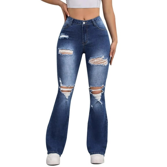 Kilaqueen Womens Slim Bootcut Denim Pants Flat Front Wide Leg Distressed Pocketed Lounge Pants Casual Fashion disco Ripped Jeans Trousers