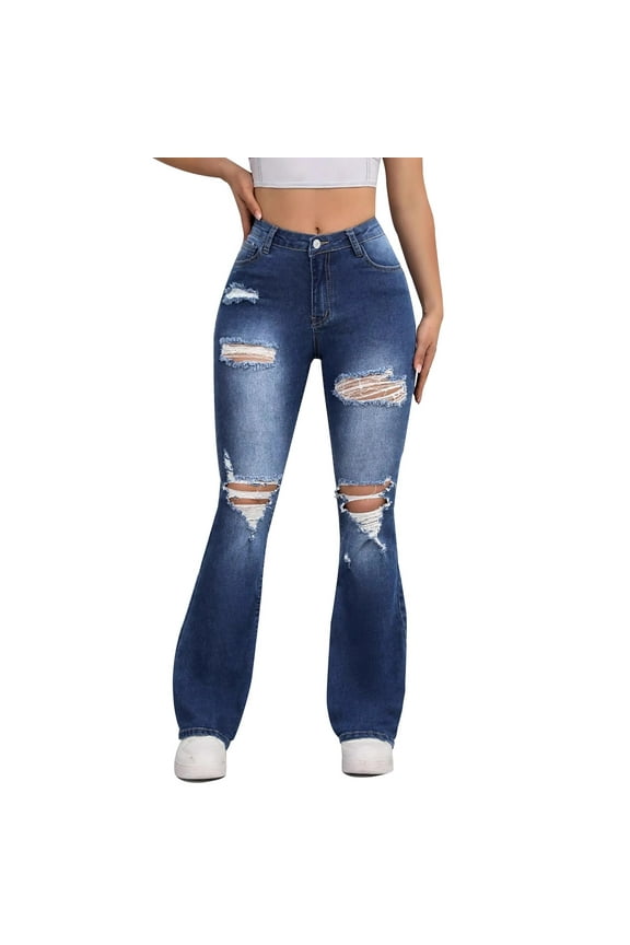 Womens Slim Bootcut Denim Pants Flat Front Wide Leg Distressed Pocketed Lounge Pants Casual Fashion disco Ripped Jeans Trousers