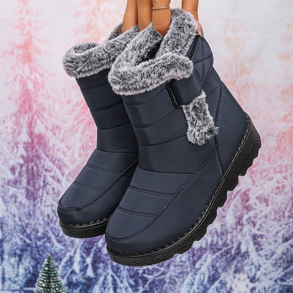 Kilaqueen Womens Snow Boots with Hook and Loop Waterproof Faux Fur Lined Winter Warm Boots Comfortable Fashion Slip On Ankle Booties Anti-Slip High Top Outdoor Walking Shoes