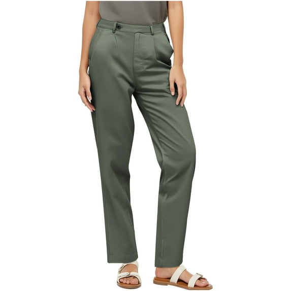 Kilaqueen Womens Solid Color Straight Leg Pants Mid Waisted Slim Fit Casual Work Pants Button Relaxed Fit All Day Pants with Pockets