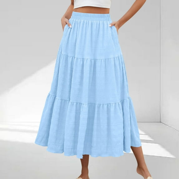Kilaqueen Womens Summer Casual Smocked Layered Tiered Boho Beach Maxi Skirt High Waisted A Line Flowy Long Skirts with Pockets