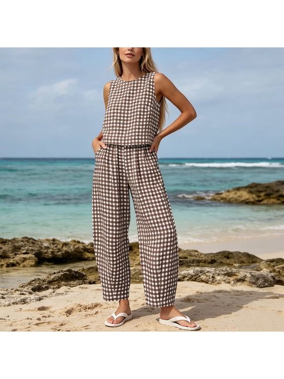 Womens Summer Gingham Sets 2 Piece Plaid Sleeveless Tank Top Wide Leg Pants Matching Lounge Set Casual Vacation Travel Outfits