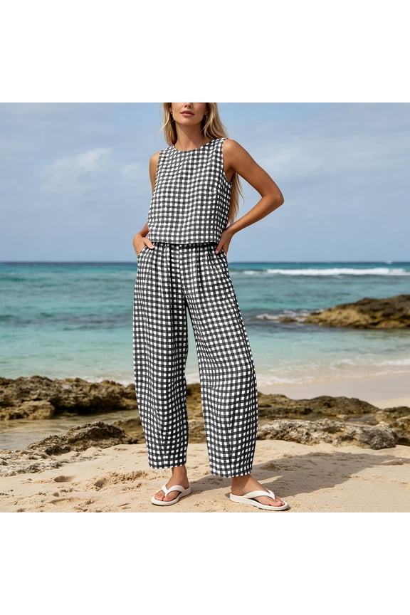 Womens Summer Gingham Sets 2 Piece Plaid Sleeveless Tank Top Wide Leg Pants Matching Lounge Set Casual Vacation Travel Outfits