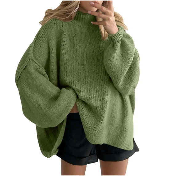 Kilaqueen Womens Sweaters Oversized Turtleneck Long Sleeve Drop Shoulder Pullove Tops Casual Solid Color Comfy Sweater