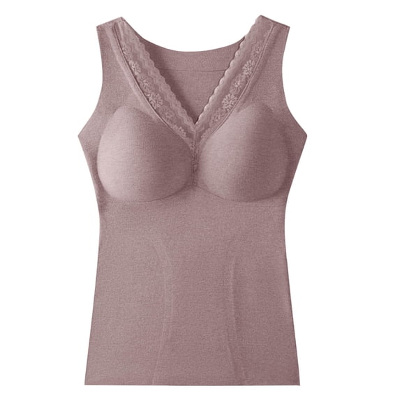 Kilaqueen Womens Thermal Tank Tops Warm V Neck Floral Embroidery Long Underwear with Padding Sexy Workout Moisture Wicking Base Layer Vest