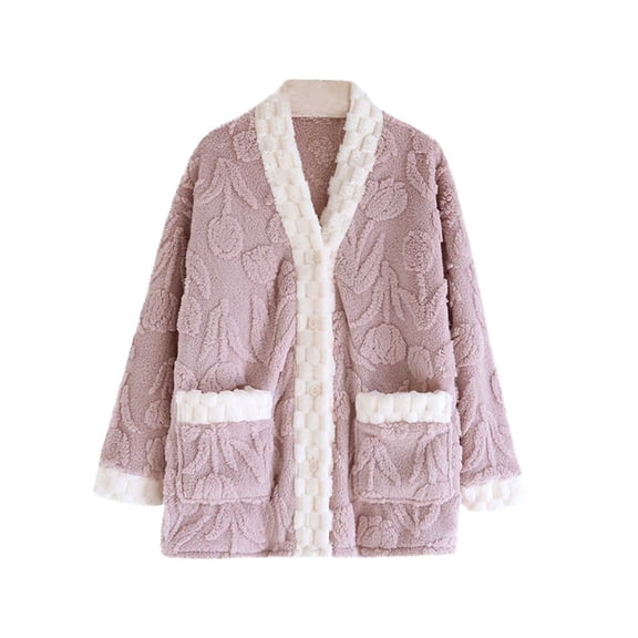 Kilaqueen Womens Thermal Tops for Cold Weather Button Down Sherpa Fleece Thick Flannel with Pockets Winter Soft Comfy Home Clothes